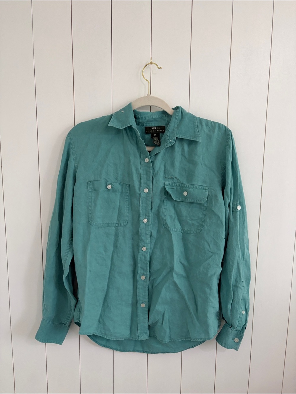 Lauren Ralph Lauren 100% LinenTeal Green Long-Sleeve Button-Down Shirt